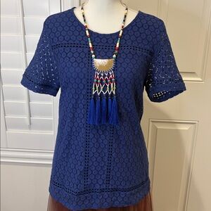 Badgley Mischka Cotton Eyelet Short Sleeve Top Blue Medium